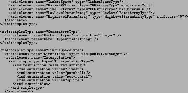 \begin{spacing}{0.8}
\texttt{\footnotesize      <xsd:complexType name=''SampleA...
...complexType>} \\
\texttt{\footnotesize } \\
{\footnotesize\par
}
\end{spacing}