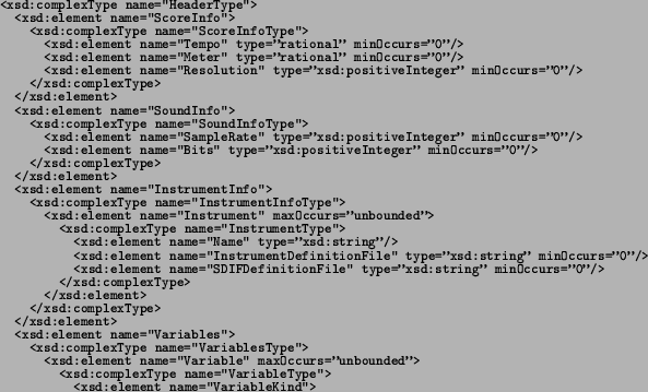 \begin{spacing}{0.8}
\texttt{\footnotesize                  <xsd:element
name=\...
...exttt{\footnotesize  </xsd:complexType>} \\
{\footnotesize\par
}
\end{spacing}