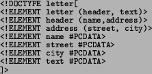 \begin{spacing}{0.8}
\texttt{\footnotesize <!DOCTYPE letter{[} }{\footnotesize\p...
...e\par
}
\par
\texttt{\footnotesize {]}> } \\
{\footnotesize\par
}
\end{spacing}